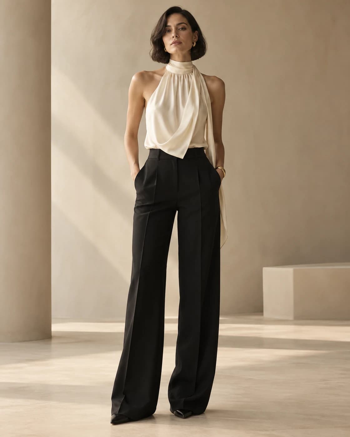 Blusa halter de seda marfil · vista frontal
